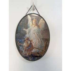 Vintage Chain Frame Flue Cover Print Wall Art Oval Victorian Angel Watching Kids